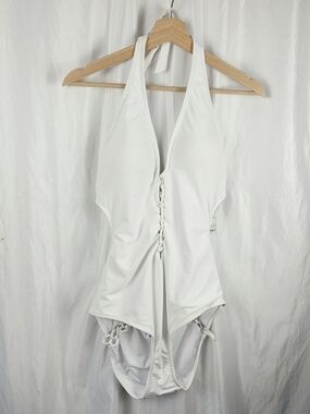 Ashley Graham White Lace-Up Details Halter Neckline One-Piece Swimsuit Size 16